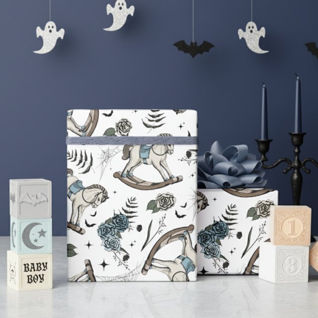 Papel De Presente Cavalo Azul-Azul-Floral-Gótico (Gothic Halloween Boy Baby Shower Wrapping Paper. Blue Spooky Vintage Rocking Horse & Roses Pattern)