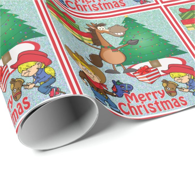 Papel De Presente Cavalo Com Presentes E Crianças De Cavalo Com Pau  (Ponta do rolo)