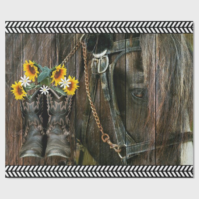 Papel De Presente Cavalo Cowboy Boots Girassóis Flores Rústicas Cons (Aberto)