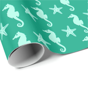 Papel De Presente Cavalo-da-costa e estrelas-do-mar - verde-mar e ma