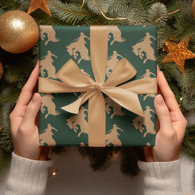 Papel De Presente Cavalo De Cowboy Ocidental No Natal Verde Escuro (Criador carregado)