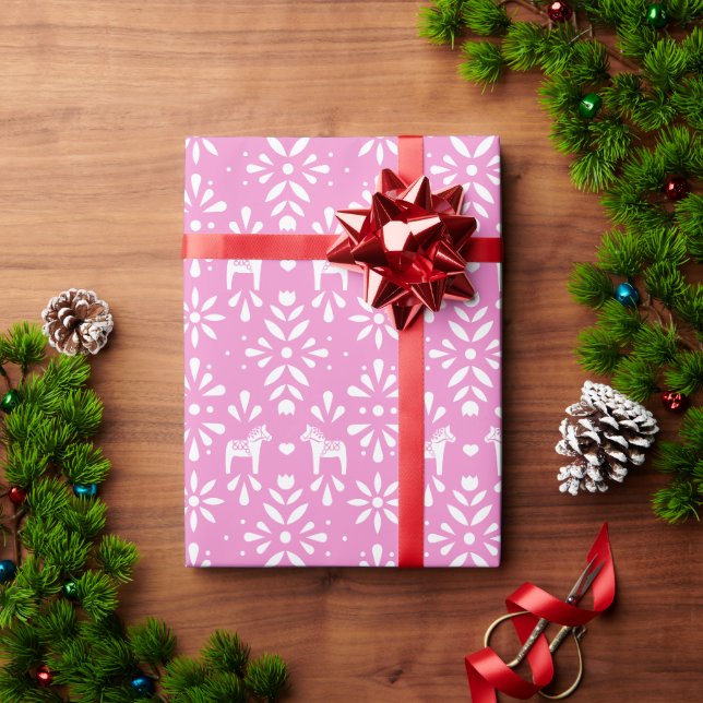 Papel De Presente Cavalo de Dala Branco Sueco no Feriado Rosa-Rosa-C (Presente de Natal)