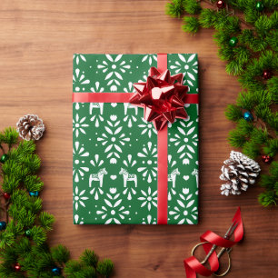 Papel De Presente Cavalo de Dala Branco Sueco no Feriado Verde Pine