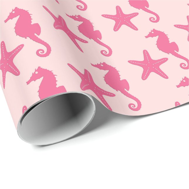 Papel De Presente Cavalo de mar e estrelas-do-mar - cor-de-rosa-cora (Ponta do rolo)