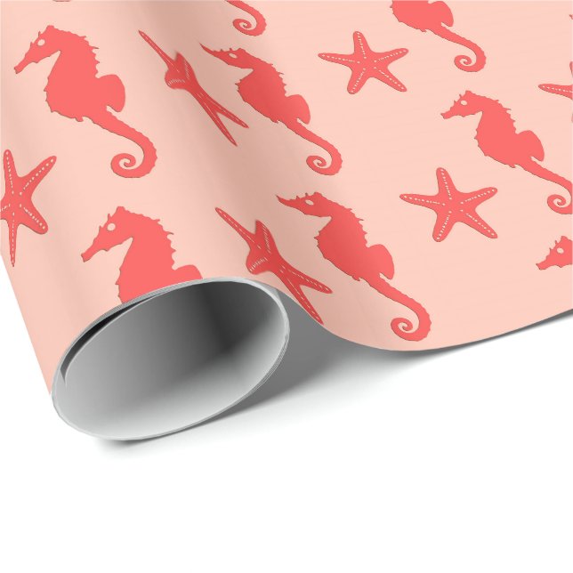 Papel De Presente Cavalo-do-mar e estrelas-do-mar - tons de laranja- (Ponta do rolo)