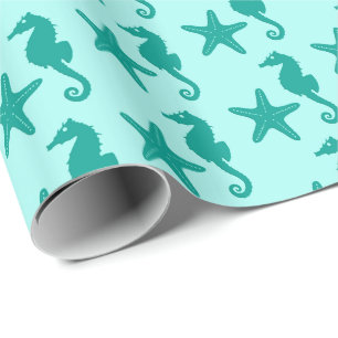 Papel De Presente Cavalo-do-mar e estrelas-do-mar - turquesa e aqua