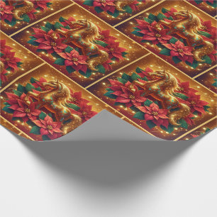 Papel De Presente Cavalo Dourado Com Poinsettias e Luzes de Natal