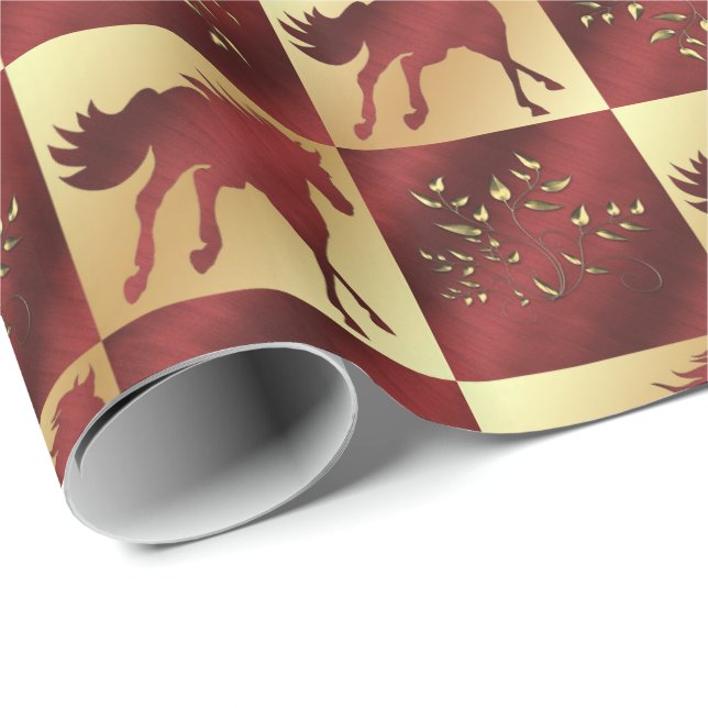 Papel De Presente Cavalo Dourado e Vinho com Folhas Douradas (Ponta do rolo)