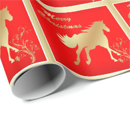 Papel De Presente Cavalo Dourado no Feliz Natal vermelho