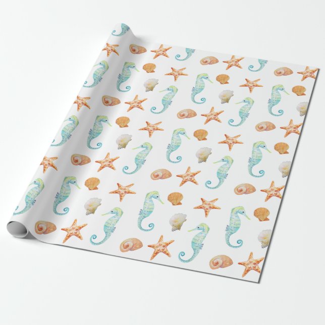 Papel De Presente Cavalo marinho e estrela do mar (Desenrolado)