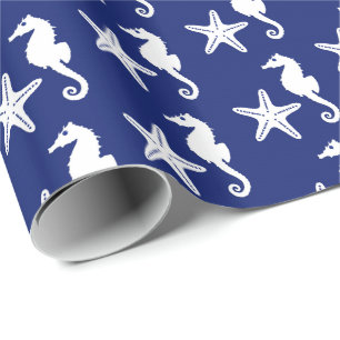 Papel De Presente Cavalo-marinho & estrela-do-mar - azul-marinho e b