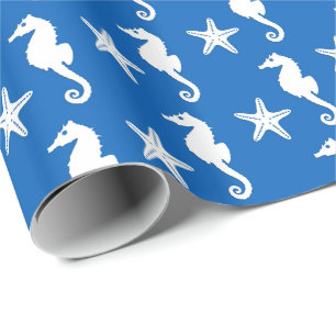 Papel De Presente Cavalo marinho & estrela do mar - branco em azuis