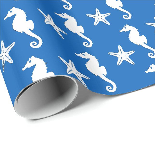 Papel De Presente Cavalo marinho & estrela do mar - branco em azuis (Ponta do rolo)