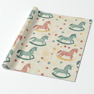Papel De Presente Cavalo Mecedor Vintage Padrão Berçário Xadrez Ferr