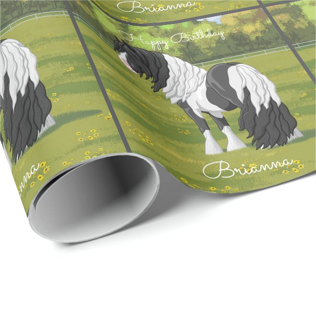 Papel De Presente Cavalo Preto Pinto Piebald Vanner (Ponta do rolo)