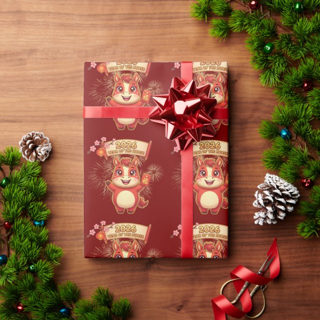 Papel De Presente Cavalo Vermelho Fofo Ano Do Cavalo 2026 (Presente de Natal)
