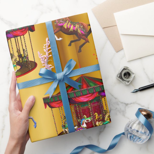 Papel De Presente Cavalos Carrossel de Natal em Dourado (Presentear)