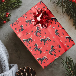 Papel De Presente Cavalos com ornamento floral sobre fundo vermelho