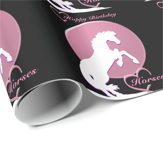 Papel De Presente Cavalos de Coração Branco V (Rosa) (Ponta do rolo)
