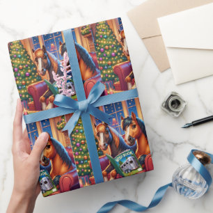 Papel De Presente Cavalos De Natal Em Sofá Com Livro De Desejo De Re