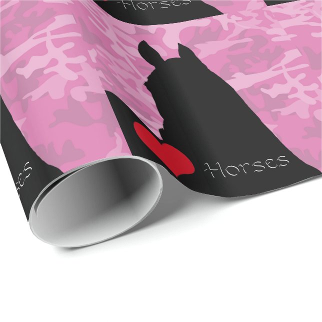 Papel De Presente Cavalos do Coração I (fundo de camo rosa) (Ponta do rolo)
