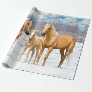 Papel De Presente Cavalos Do Quarto Palomino Na Neve De Inverno