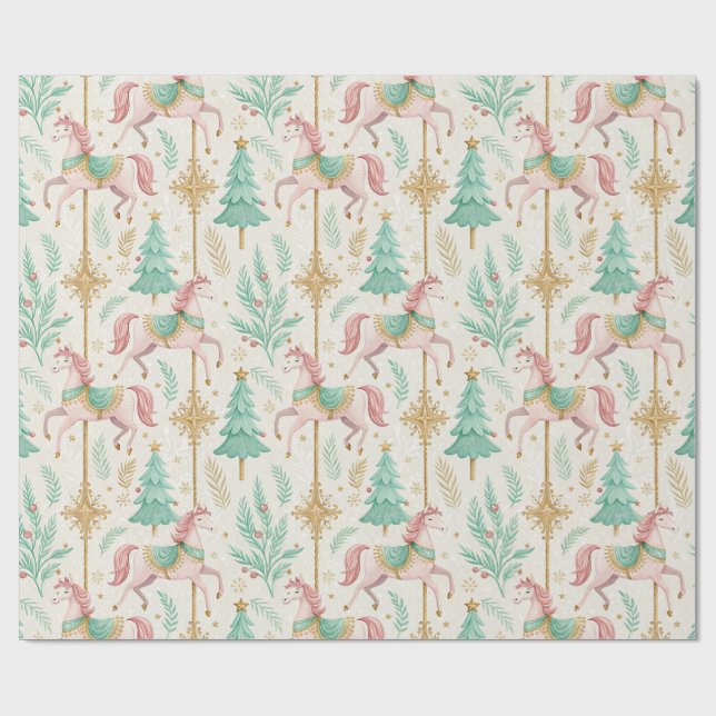 Papel De Presente Cavalos e Árvores Rosa Verde Pastel (Aberto)