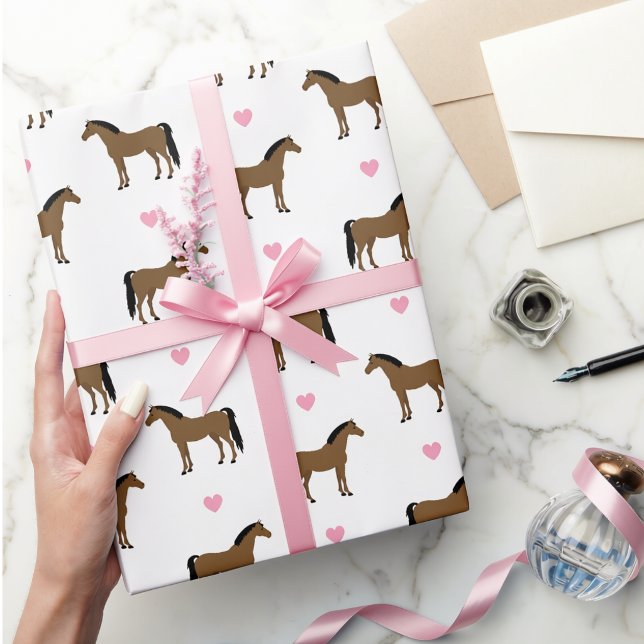 Papel De Presente Cavalos e Corações Rosas (Horses and pink hearts Wrapping Paper)