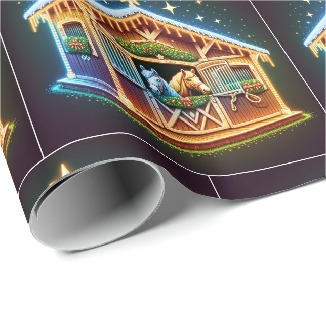 Papel De Presente Cavalos Estáveis Decorados Para O Natal E Cavalos (Ponta do rolo)