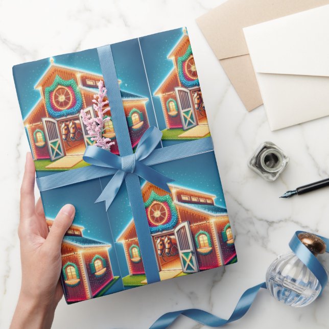 Papel De Presente Cavalos Estáveis Decorados Para O Natal E Cavalos (Presentear)