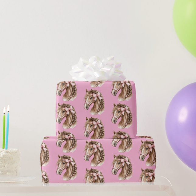 Papel De Presente Cavalos Lindos Arcos Rosa Chic Aniversário (Presentes para festas)