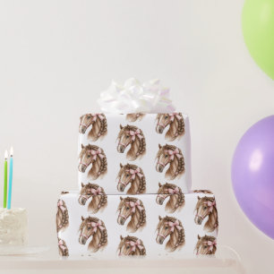 Papel De Presente Cavalos Lindos Laços Rosa Aniversário