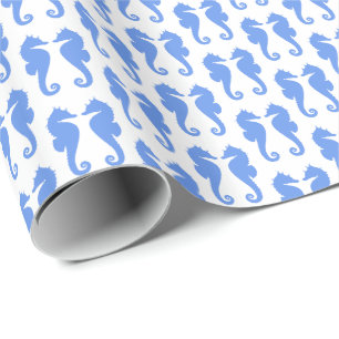 Papel De Presente Cavalos-marinhos Azul Centáurea no Mar Branco