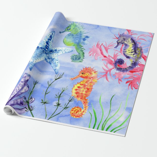Papel De Presente Cavalos-marinhos E Starfish Com Padrão De Corais (Desenrolado)