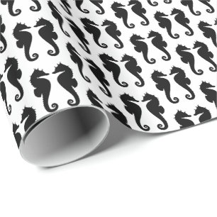 Papel De Presente Cavalos Marinhos Pretos em Branco