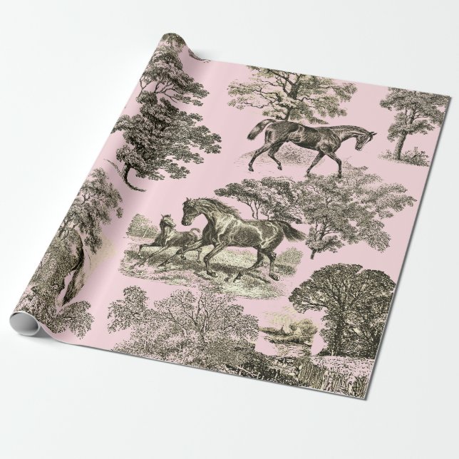 Papel De Presente Cavalos Rústicos Elegantes Toile Rosa Beige Sem Co (Desenrolado)