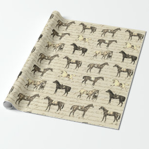 Papel De Presente Cavalos Saddled Vintage Elegantes em Script Bege