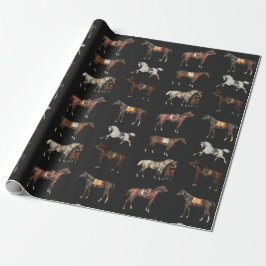 Papel De Presente Cavalos Saddled Vintage Elegantes Marrom Preto