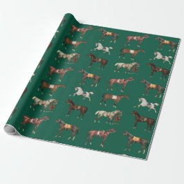 Papel De Presente Cavalos Saddled Vintage Elegantes Verde Caçador