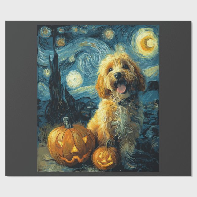 Papel De Presente Cavapoo Cachorro Fofo Dia das Bruxas Jack O Lanter (Aberto)