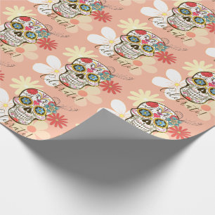 Papel De Presente Caveira de Açúcar Suave Rosa Pêssego Floral Hippie