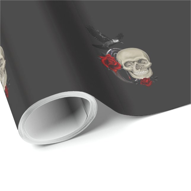 Papel De Presente Caveira Gótica com Rosa e Raven (Ponta do rolo)