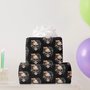 Papel De Presente Caveira Padrão de Flores Preto e Dourado Halloween