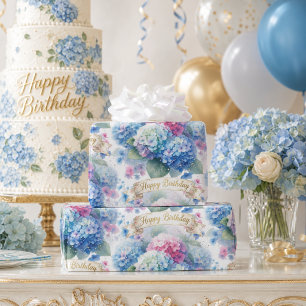 Papel De Presente Celebração de Aniversário de Hortênsia Azul Elegan