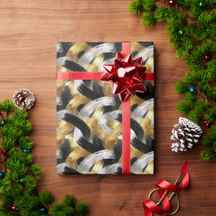 Papel De Presente Celebração de Natal Dourado Prata Preto