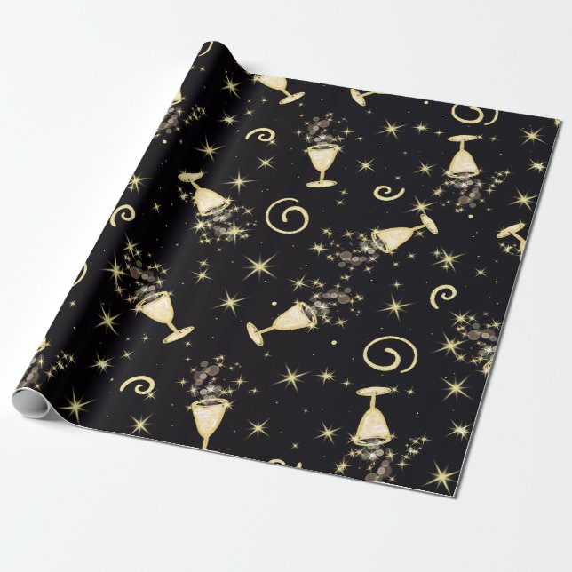 Papel De Presente Celebrações Espumantes-Libações em Dourado e Preto (Desenrolado)