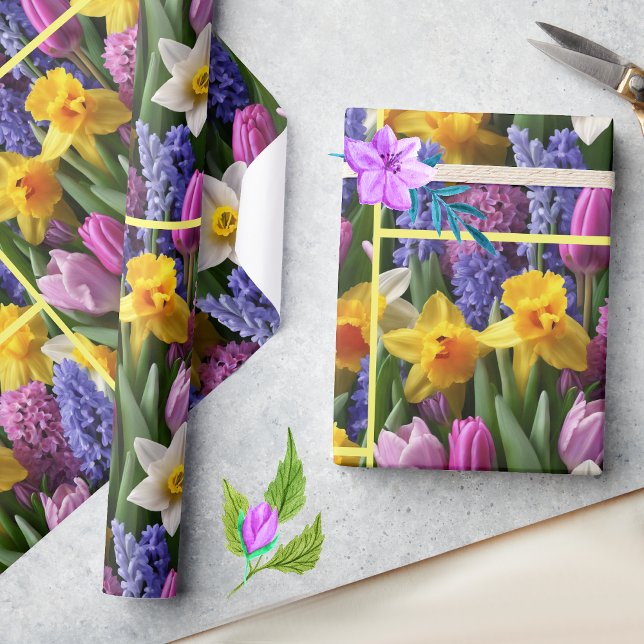 Papel De Presente Celebrar Flores de primavera Daffodils Sunny Tulip (Criador carregado)