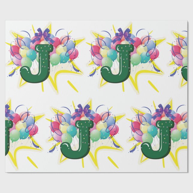 Papel De Presente Celebration Monogram Letter J with Balloons (Aberto)