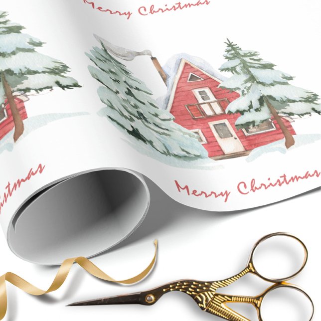Papel De Presente Celeiro Vermelho Floresta Verde de Inverno Pinheir (Criador carregado)