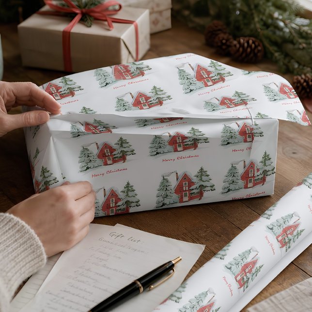 Papel De Presente Celeiro Vermelho Floresta Verde de Inverno Pinheir (Criador carregado)